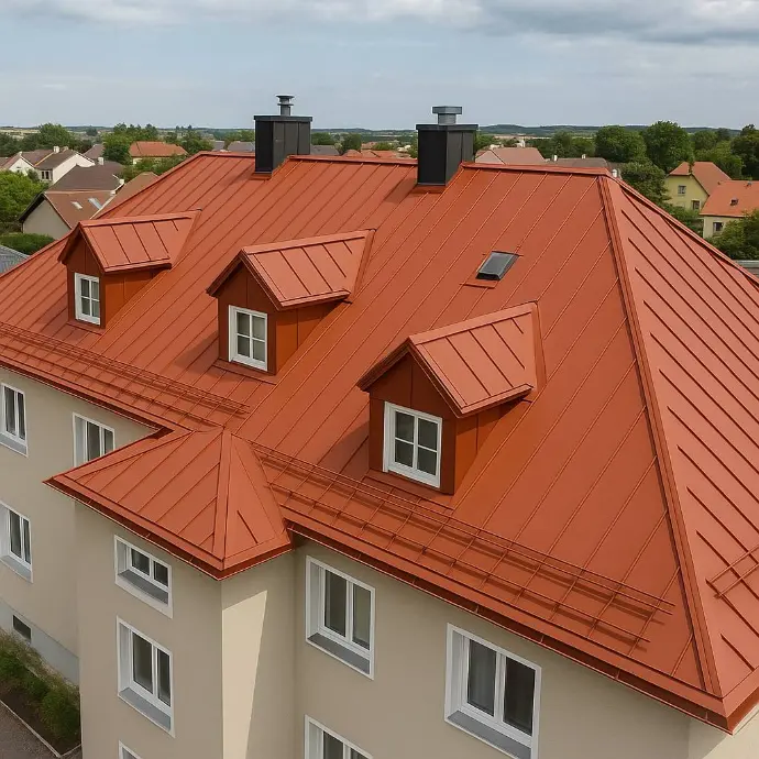Metalldach rot auf Mehrparteienhaus Hollabrunn Metalldach rot auf Mehrparteienhaus Hollabrunn